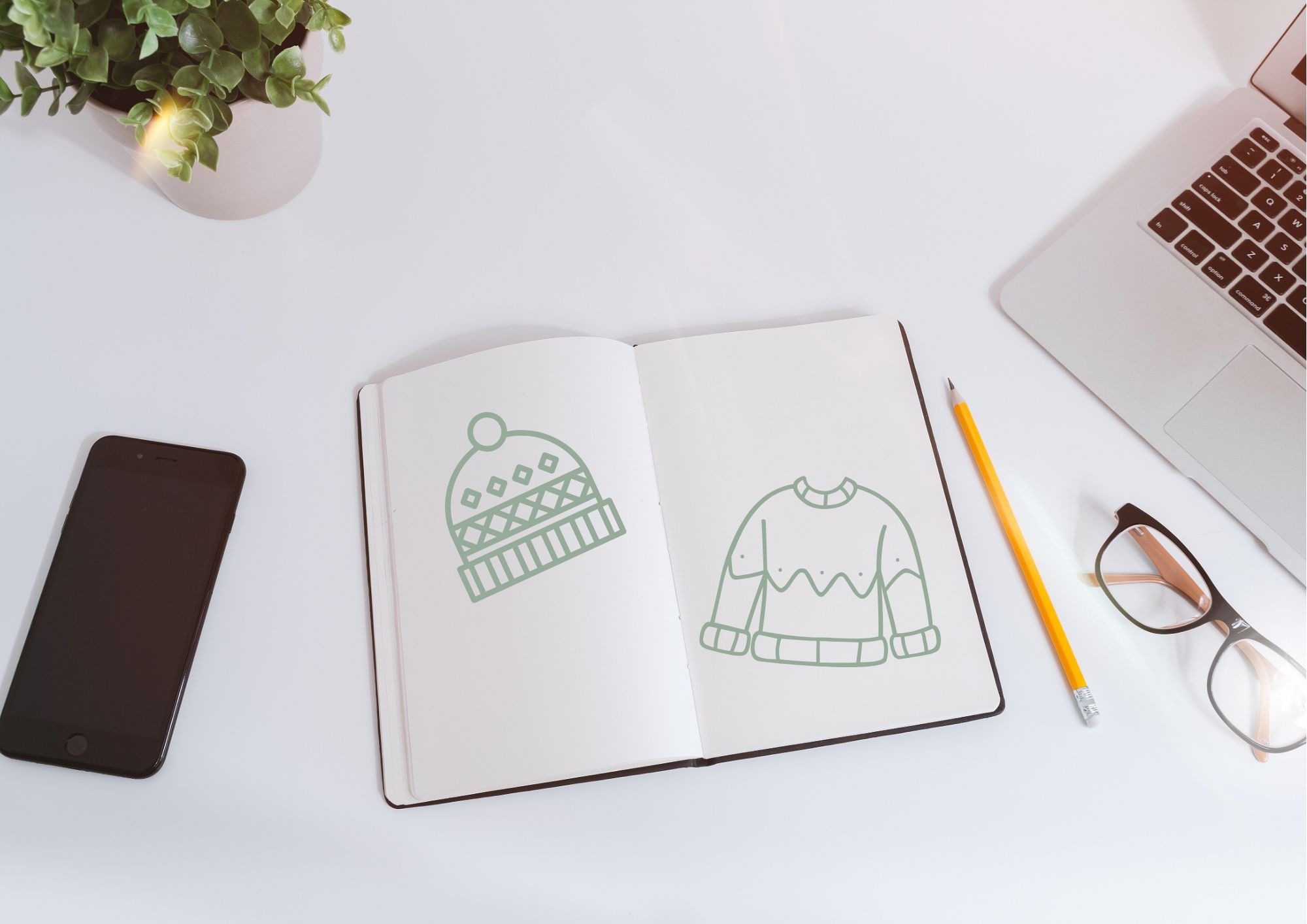 Drawings of a knitted sweater and a hat