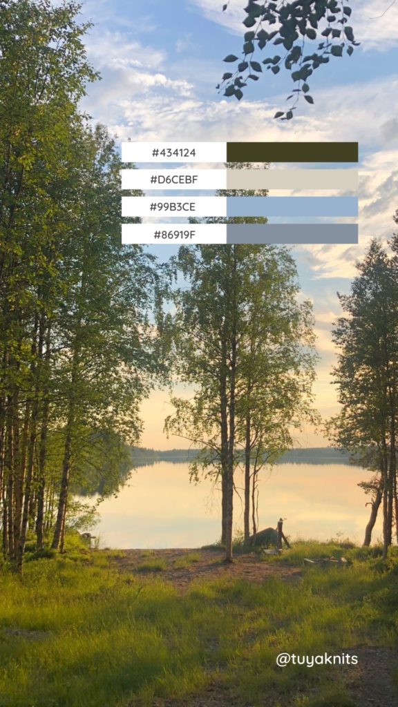 Image showing trees and a lake behind them photographed on a summer night in Lapland. Colors are light and soft and sun is shining outside of the image area. Also, there is one color palette providing color inspiration for knitwear designs.