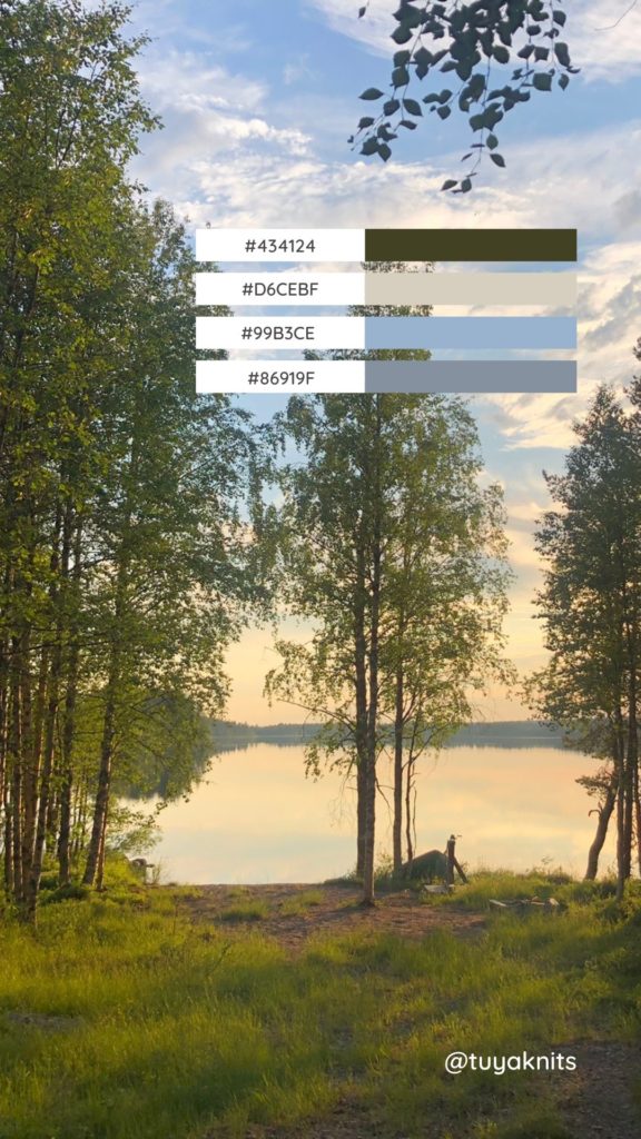 Kuvassa on koivuja tyynen järven äärellä. On keskikesän valoisa yö Lapissa ja värit ovat pehmeät. Kuvassa on myös väripaletti, josta voi saada väri-inspiraatiota neulesuunnittelua varten.